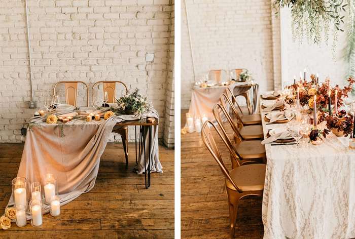 Neutral colored table with white candles and simple greenery