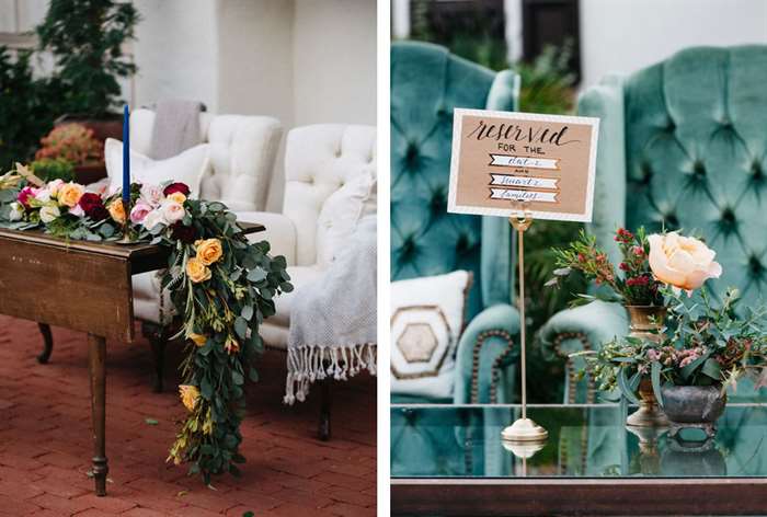 White and blue chairs with autumn greenery 