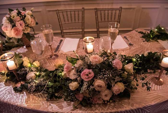 Sequin table cloth with pink and green florals