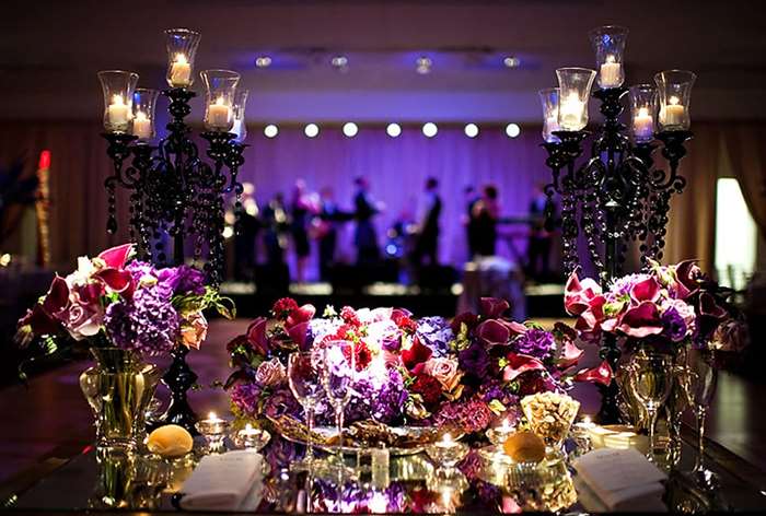 Mirror table with purple and pink flowers