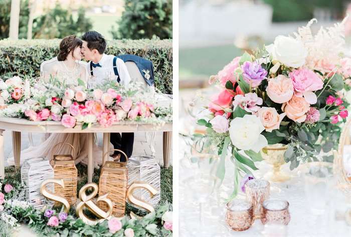 Table with spring flower arrangements and gold accents