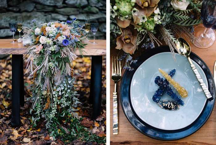 Dark bohemian flower arrangement with rock candy accents on plate