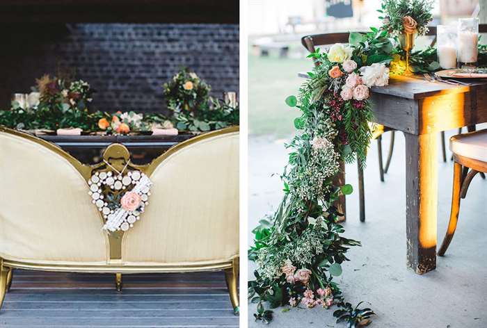 Antique neutral loveseat with draping florals 