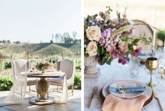 Round table with draping tulle and simple flowers