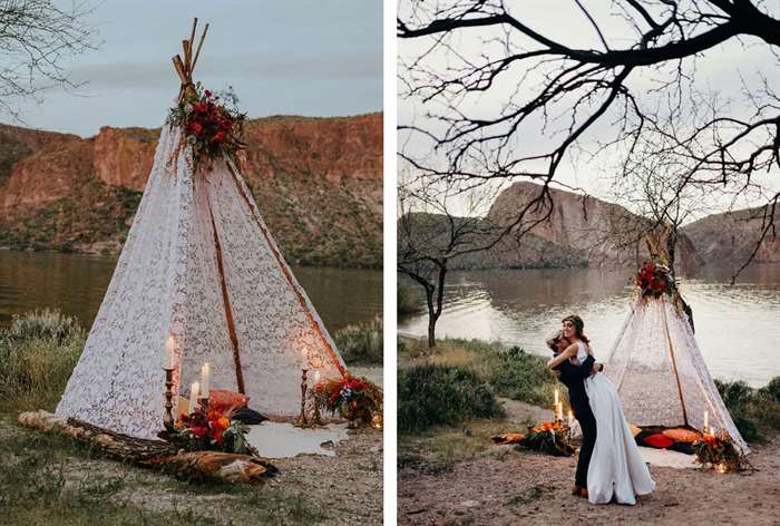 White lace bohemian canopy with orange accents