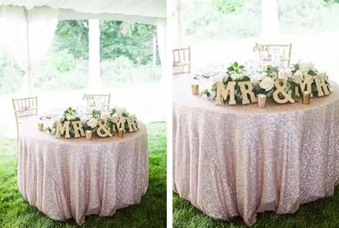 Gold sequin tablecloth with 'Mr. & Mrs.' letters