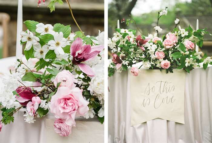 White table with simple pink and white florals 