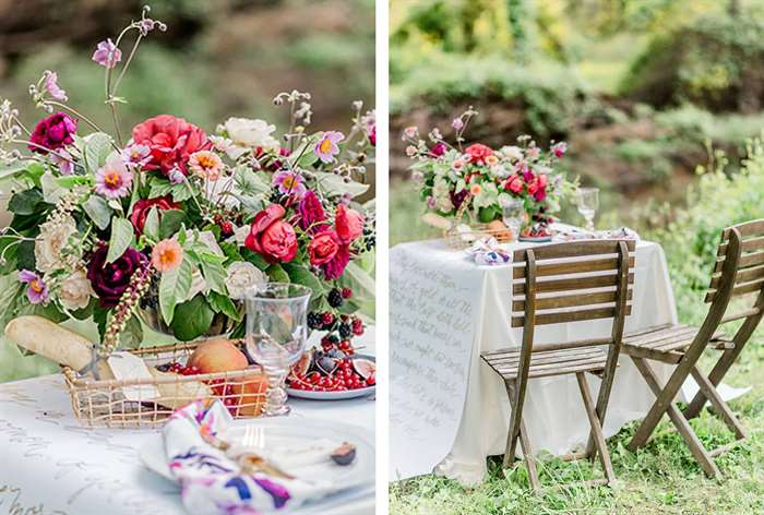 Table with bright flowers and fruit accents