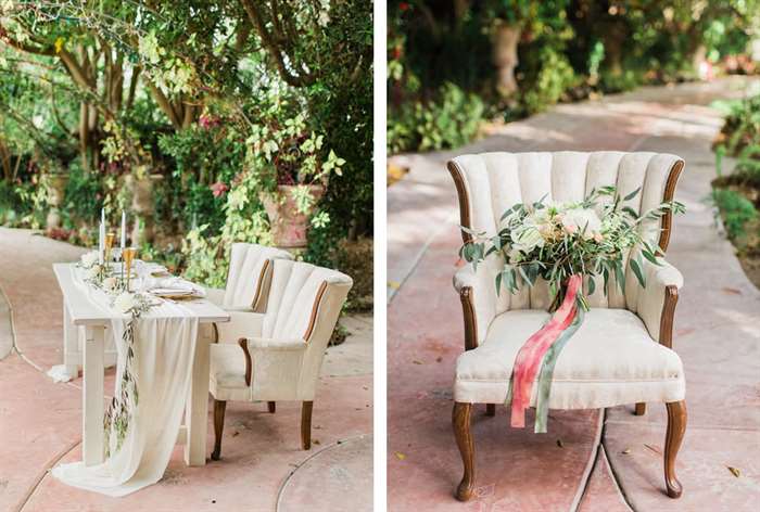 Ivory colored chairs and table with simple greenery