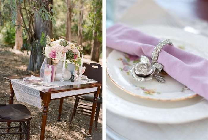 Rustic wooden table with white and lilac floral accents 