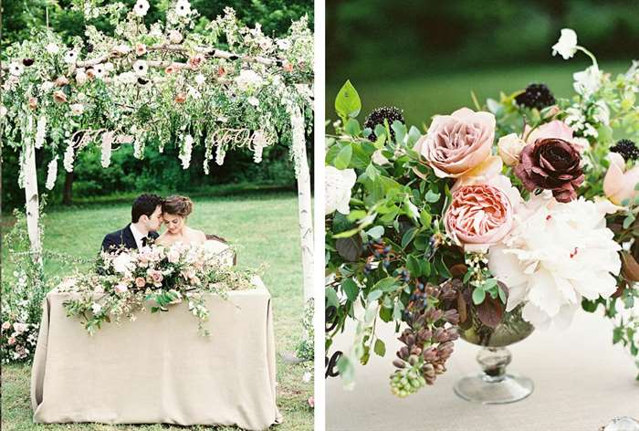 Floral trellis with simple sweetheart table below