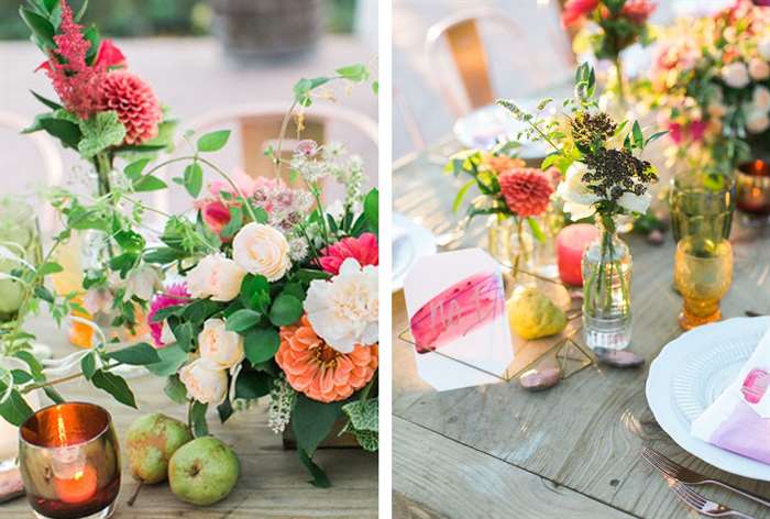 Bright florals with orange votives and pear accents