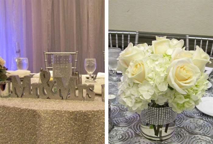 Metallic silver tablecloth with white florwers and 'Mr. & Mrs.' letters