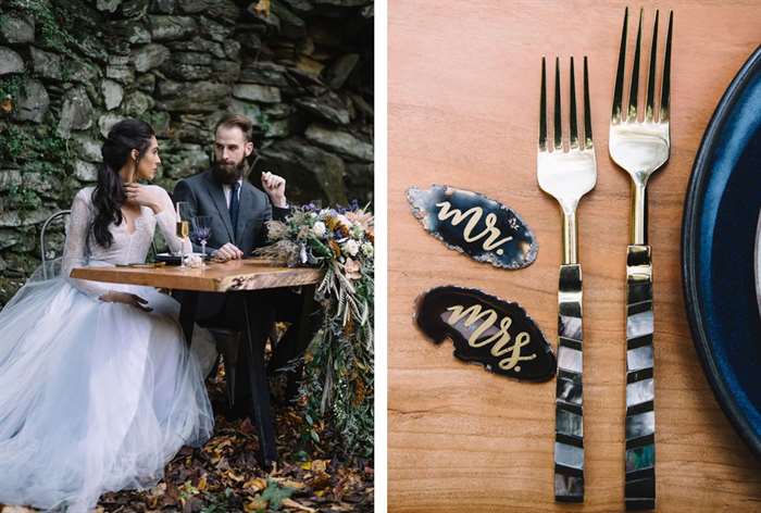 Rustic wood table with draping florals and dark accents