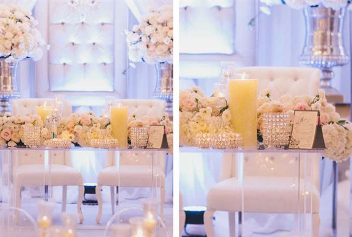 Clear table with lush white florals and white chairs