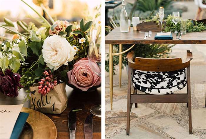 Wood table with simple flower arrangement with animal print chair 