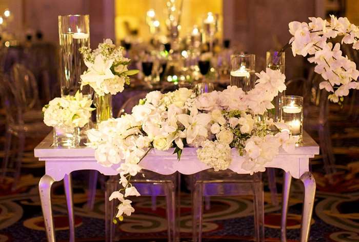 Table with white flower arrangements and floating candles 