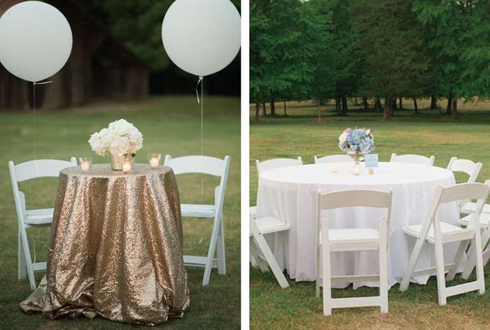 Gold sequin tablecloth with white flowers and balloons 