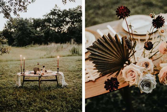 Short wood table with white crochet table runner and dark whimsical accents