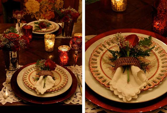 Red and white plates with lace accents and roses