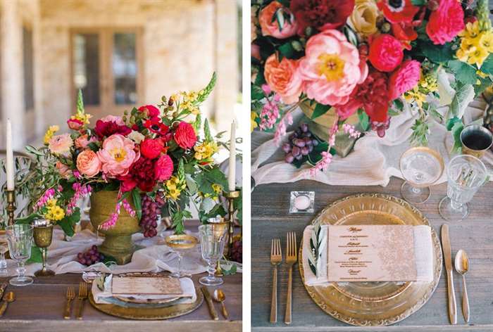 Bright florals with grape accents and gold plates and flatware 