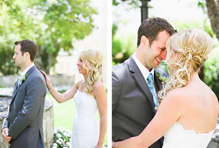 Bride tapping groom on the shoulder and looking at each other