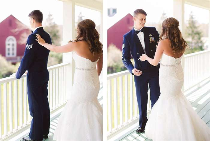 Bride tapping her military groom on the shoulder