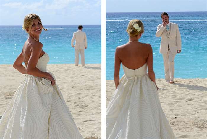 Bride and groom first look on the beach