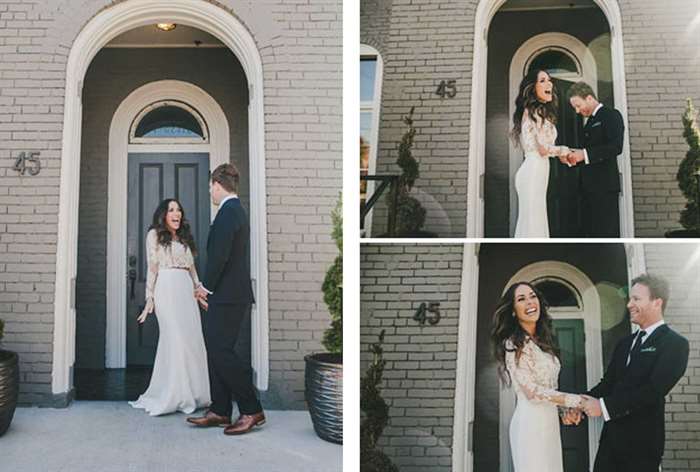 Bride and groom first look against a black door