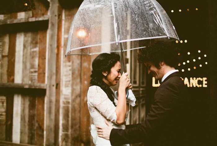 Emotional bride holding clear umbrella with groom