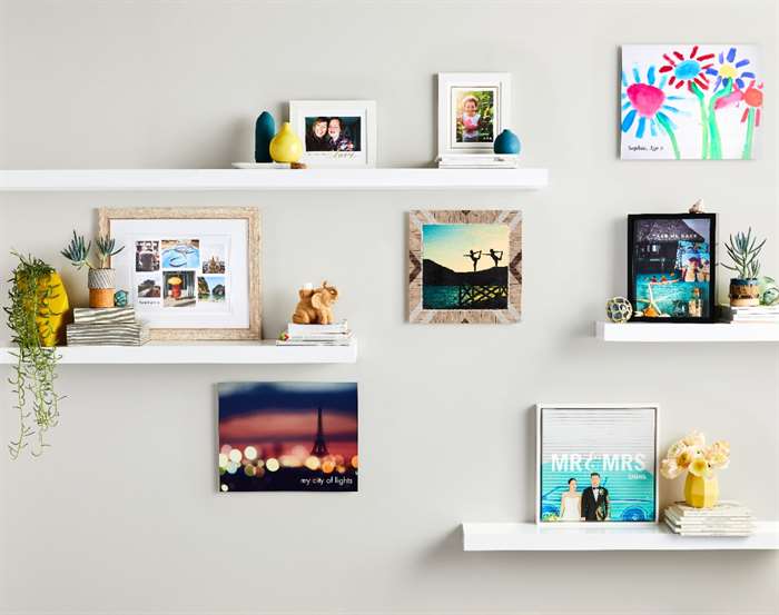 custom canvas prints and wall art on shelves