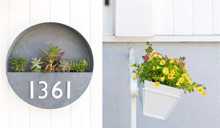 grey circular planter with address numbers