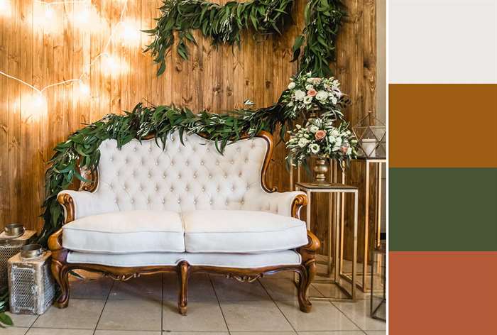 metallic couch at fall wedding