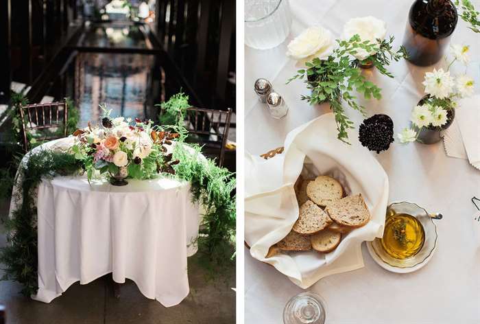 White table with flowers and bread basket