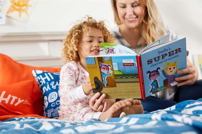 mom and daughter reading personalized story book