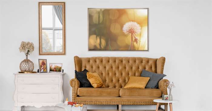 Living room wall decor with large photo print above the couch