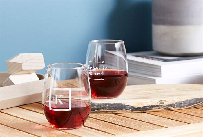 Stemless monogrammed wine glasses. 