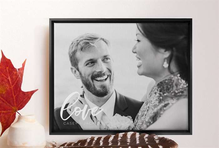 Black and white wedding photo print of young couple