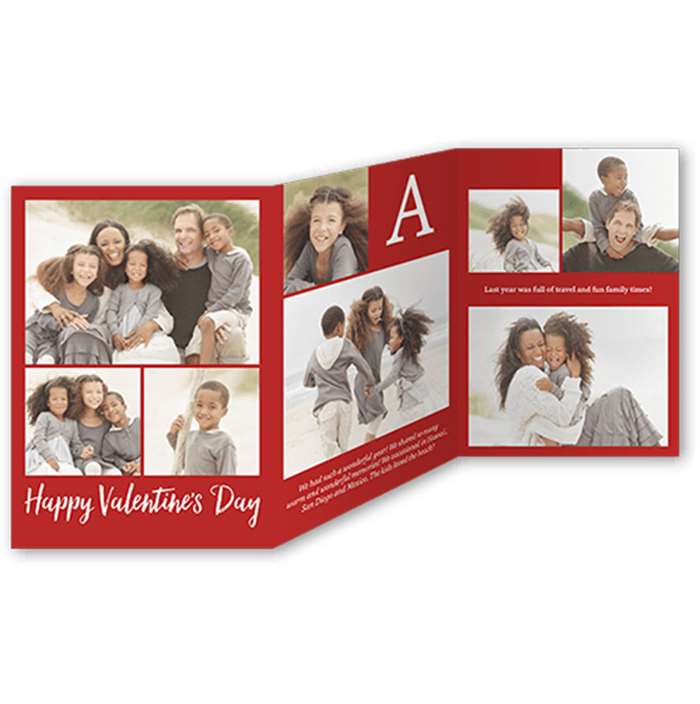 Red monogrammed Shutterfly Valentine's card with family photos