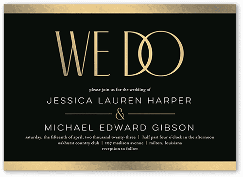 Art deco we do wedding invitation card with white and gold lettering on a black background