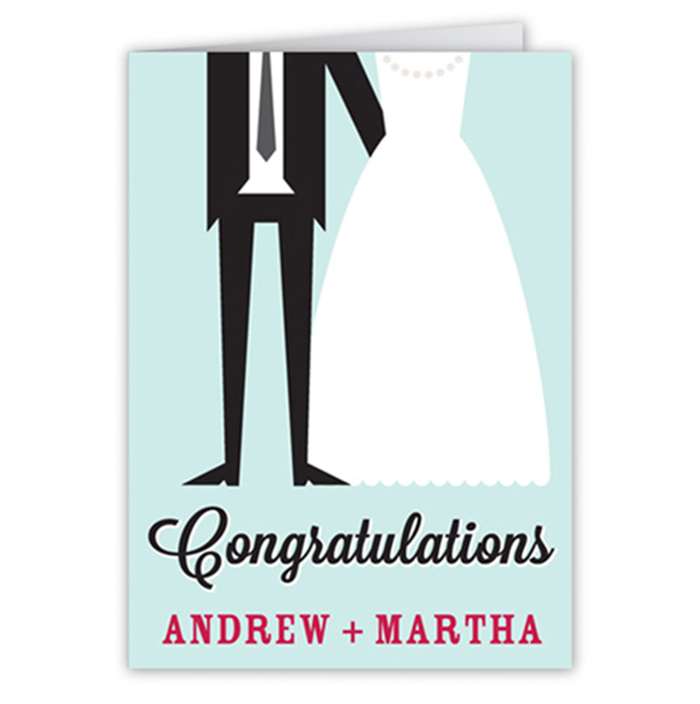 Illustrated wedding congratulations card with drawing of bride and groom