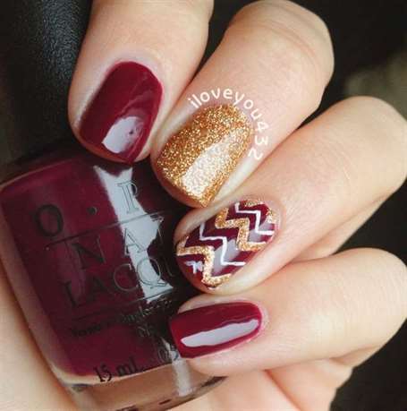 Red and Gold Chevron Thanksgiving Nail Art