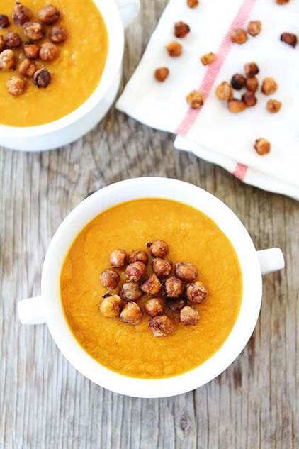 Crockpot Thanksgiving Recipe - Butternut Squash Soup With Maple Roasted Chickpeas