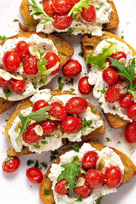 Ricotta toast with roasted tomatoes thanksgiving fall appetizers 