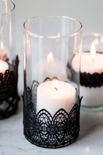 DIY Halloween Party Decor - Black Lace Candles
