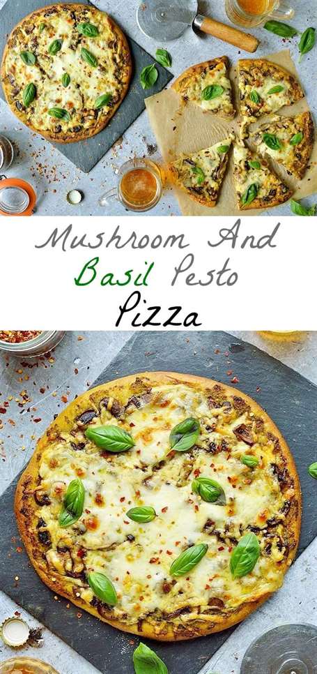 Pizza pesto nấm và húng quế - bột bánh pizza tự làm giòn, dai, phủ với pesto húng quế, nấm tỏi và nhiều phô mai mozzarella và cheddar!