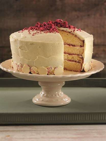 Vanilla, raspberry & white chocolate layered sponge cake