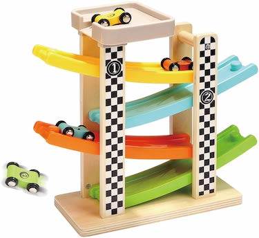 Top bright wooden race track car ramp racer with 4 mini cars