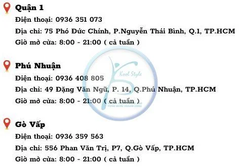 Quan 1 Dien thoai 0936 351 073 Dia chi 75 Pho Duc Chinh Phuong Nguyen Thai Binh Quan 1 TP.HCM Gio mo cua 800 2100 ca tuan Phu Nhuan Dien thoai 0936 408 805 Dia chi 49 Dang Van Ngu Phuong 3