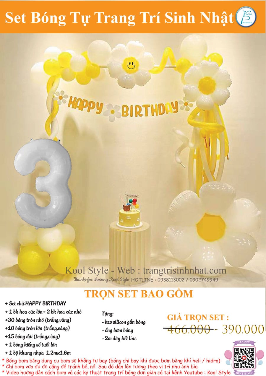 set bong trang tri sinh nhat khong dan tuong hoa cuc vang